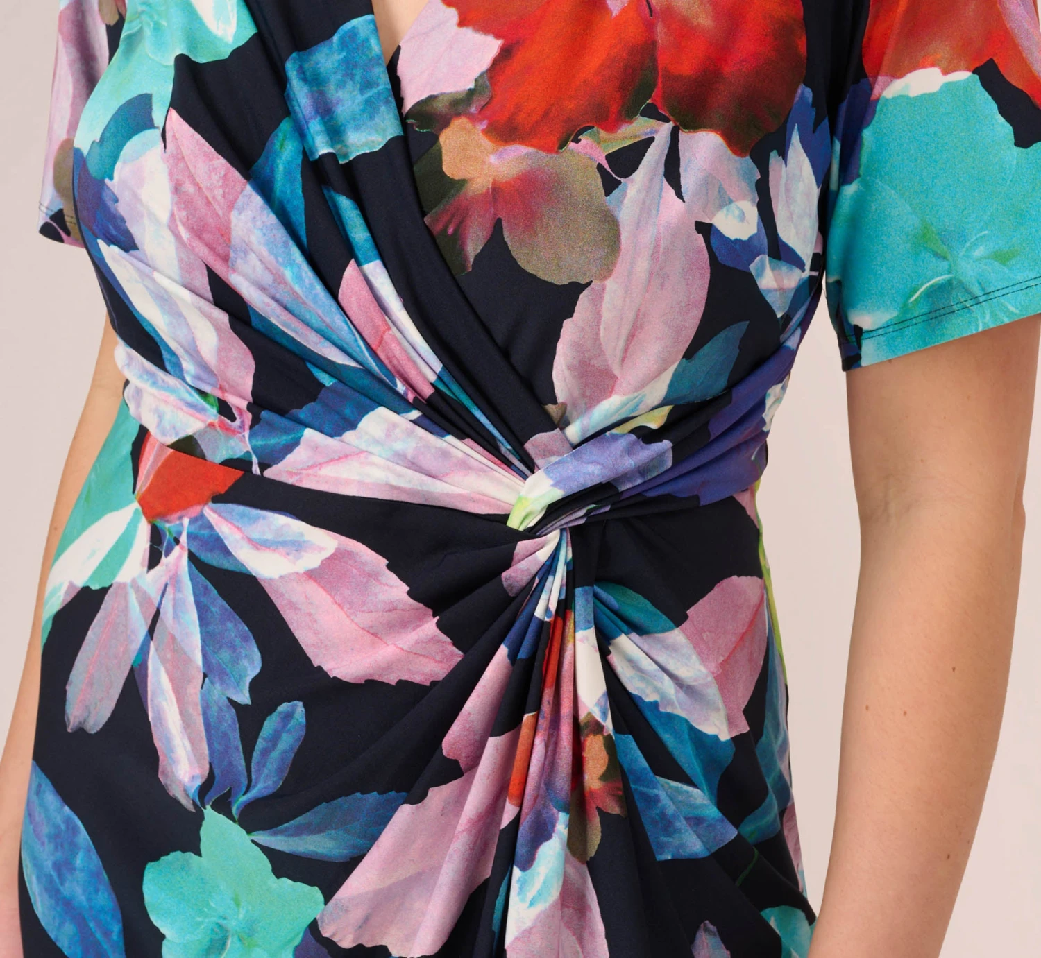 Adrianna Papell Plus Size Floral Knotted Sheath Dress With Elbow-Length Sleeves In Dark Navy Multi 7 Adrianna Papell Plus Size Floral Knotted Sheath Dress With Elbow-Length Sleeves In Dark Navy Multi - Image 7