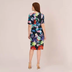Adrianna Papell Floral Knotted Sheath Dress With Elbow-Length Sleeves In Dark Navy Multi 9 Adrianna Papell Floral Knotted Sheath Dress With Elbow-Length Sleeves In Dark Navy Multi -Glam Mirth Sales AP1D105033 BF410 Regular Back
