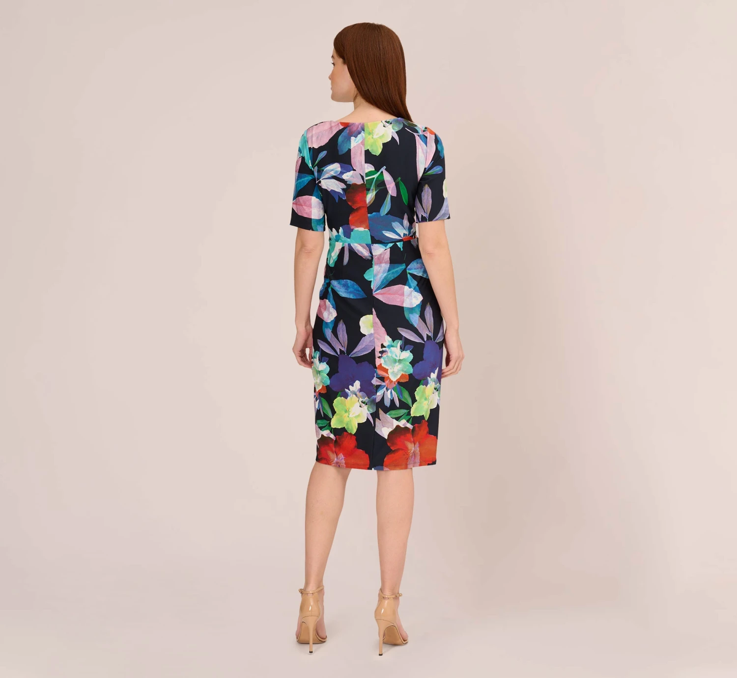 Adrianna Papell Floral Knotted Sheath Dress With Elbow-Length Sleeves In Dark Navy Multi 3 Adrianna Papell Floral Knotted Sheath Dress With Elbow-Length Sleeves In Dark Navy Multi - Image 3
