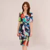 Adrianna Papell Floral Knotted Sheath Dress With Elbow-Length Sleeves In Dark Navy Multi