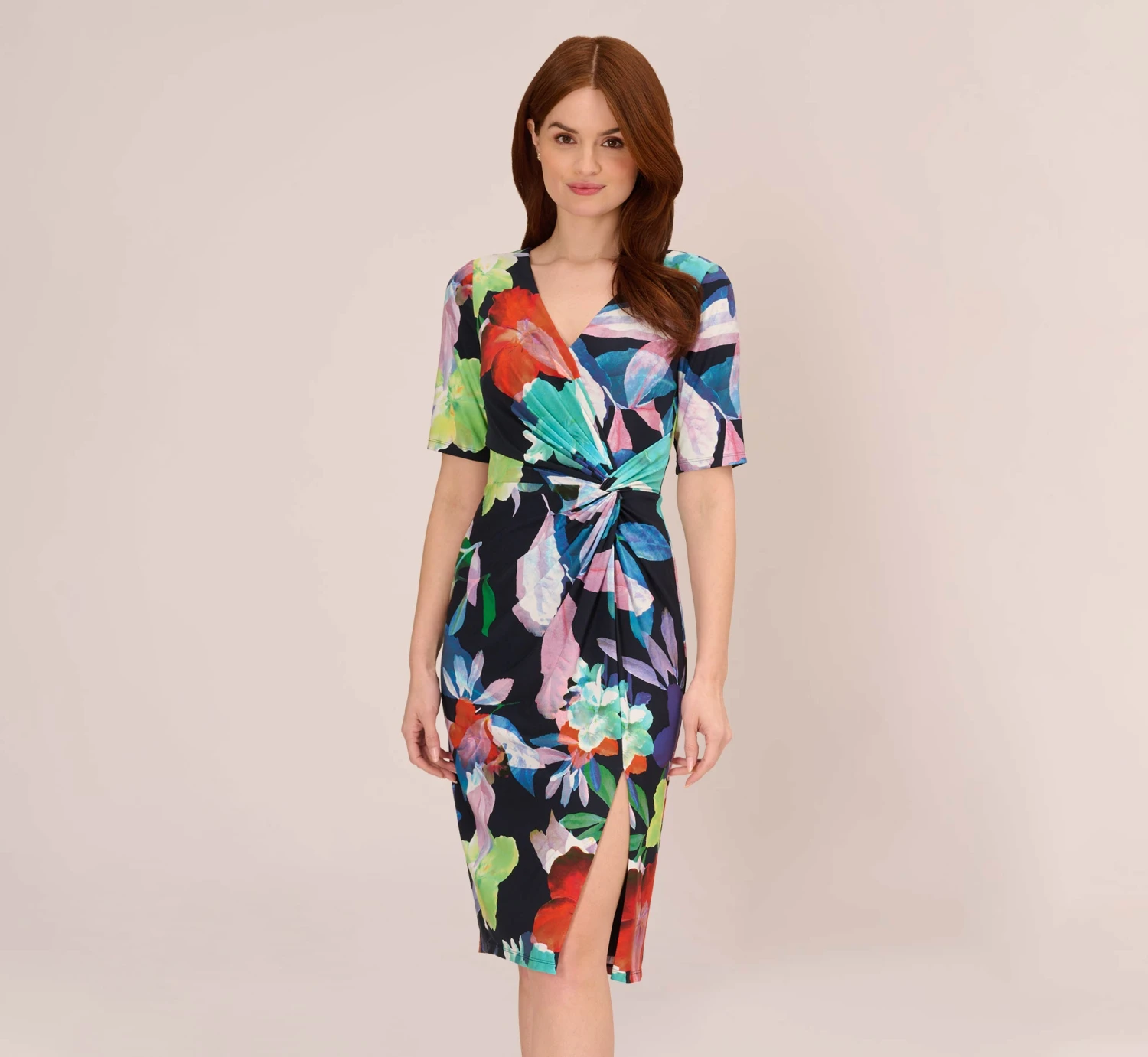 Adrianna Papell Floral Knotted Sheath Dress With Elbow-Length Sleeves In Dark Navy Multi 1 Adrianna Papell Floral Knotted Sheath Dress With Elbow-Length Sleeves In Dark Navy Multi
