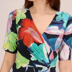 Adrianna Papell Floral Knotted Sheath Dress With Elbow-Length Sleeves In Dark Navy Multi 11 Adrianna Papell Floral Knotted Sheath Dress With Elbow-Length Sleeves In Dark Navy Multi -Glam Mirth Sales AP1D105033 BF410 Regular Detail