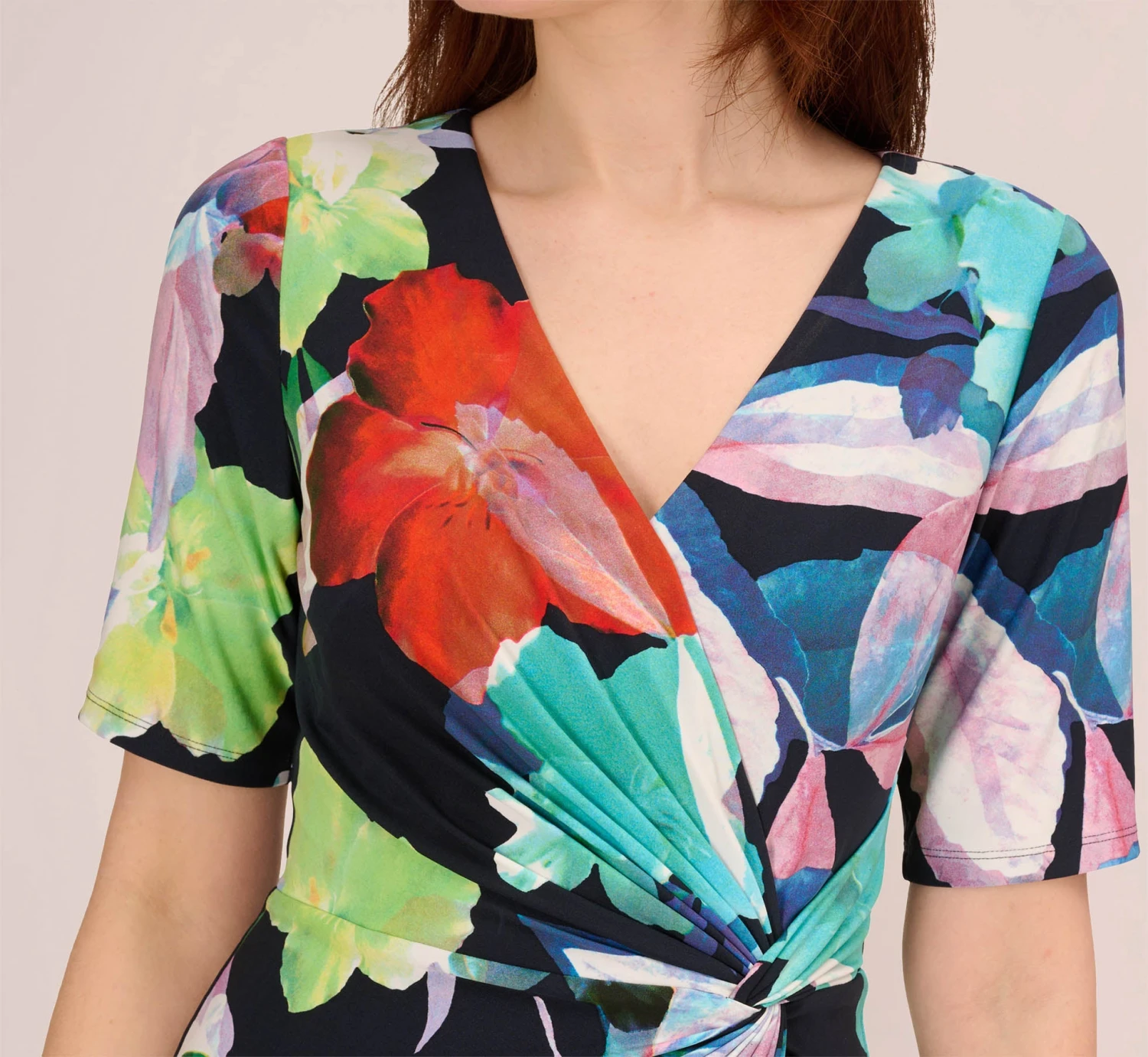 Adrianna Papell Floral Knotted Sheath Dress With Elbow-Length Sleeves In Dark Navy Multi 5 Adrianna Papell Floral Knotted Sheath Dress With Elbow-Length Sleeves In Dark Navy Multi - Image 5