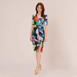 Adrianna Papell Floral Knotted Sheath Dress With Elbow-Length Sleeves In Dark Navy Multi 12 Adrianna Papell Floral Knotted Sheath Dress With Elbow-Length Sleeves In Dark Navy Multi -Glam Mirth Sales AP1D105033 BF410 Regular Front
