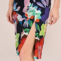 Adrianna Papell Floral Knotted Sheath Dress With Elbow-Length Sleeves In Dark Navy Multi 13 Adrianna Papell Floral Knotted Sheath Dress With Elbow-Length Sleeves In Dark Navy Multi -Glam Mirth Sales AP1D105033 BF410 Regular Lifestyle