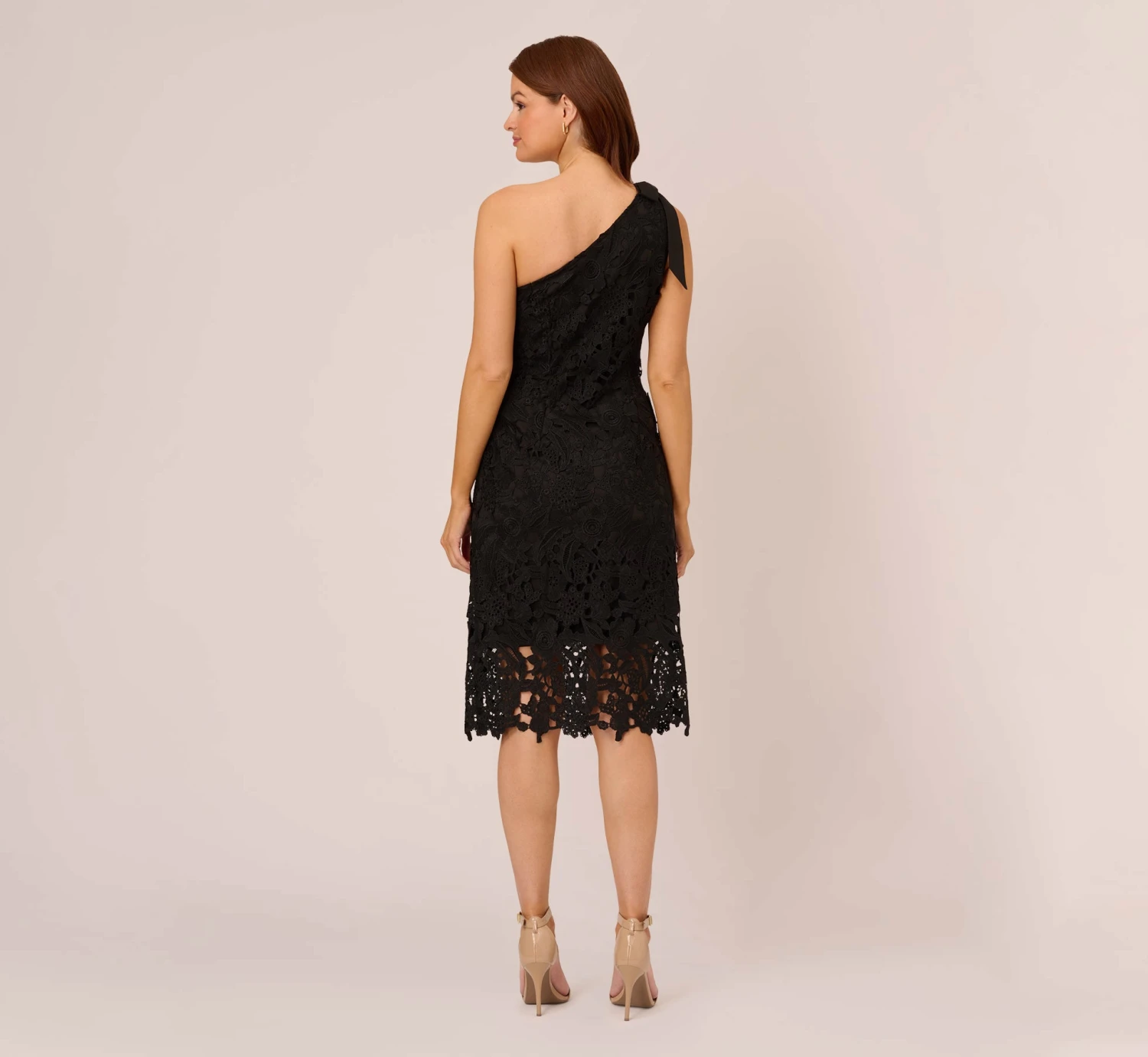 Adrianna Papell One Shoulder Lace Sheath Dress With Bow Accent In Black 4 Adrianna Papell One Shoulder Lace Sheath Dress With Bow Accent In Black - Image 4