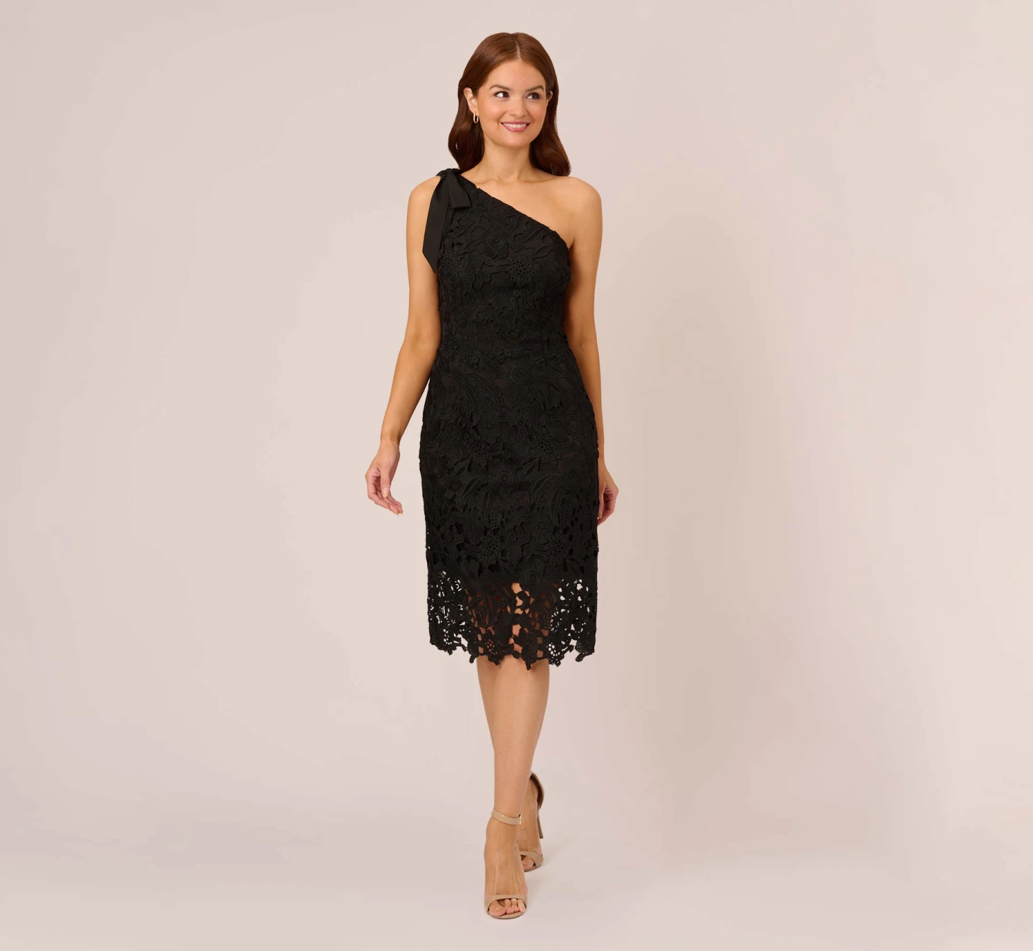 Adrianna Papell One Shoulder Lace Sheath Dress With Bow Accent In Black 2 Adrianna Papell One Shoulder Lace Sheath Dress With Bow Accent In Black - Image 2