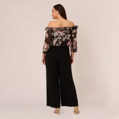 Adrianna Papell Plus Size Off The Shoulder Jumpsuit With Floral Embroidered Bodice In Black Multi -Glam Mirth Sales AP1D105037 AA963 Plus Back