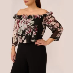 Adrianna Papell Plus Size Off The Shoulder Jumpsuit With Floral Embroidered Bodice In Black Multi -Glam Mirth Sales AP1D105037 AA963 Plus Detail