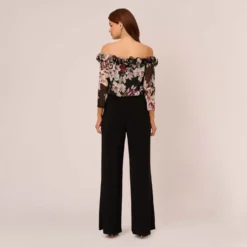Adrianna Papell Off The Shoulder Jumpsuit With Floral Embroidered Bodice In Black Multi 9 Adrianna Papell Off The Shoulder Jumpsuit With Floral Embroidered Bodice In Black Multi -Glam Mirth Sales AP1D105037 AA963 Regular Back