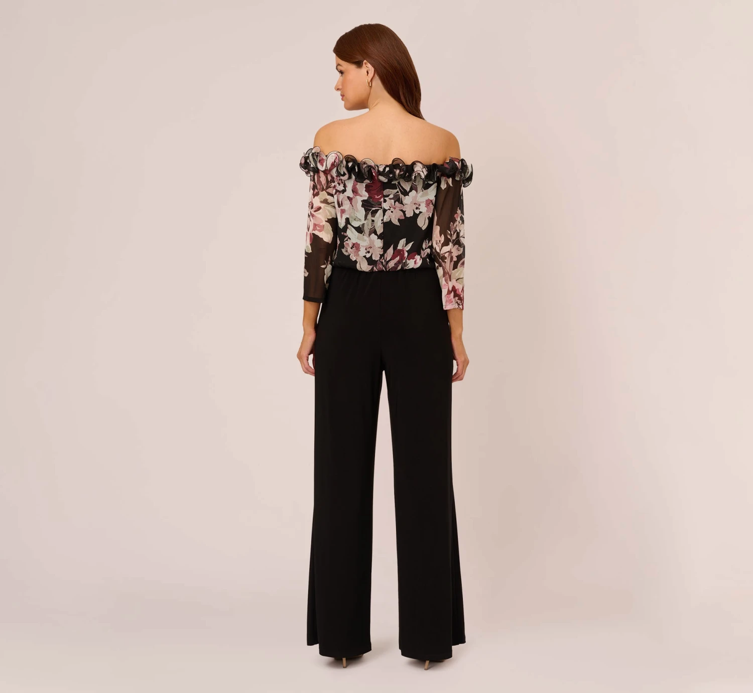 Adrianna Papell Off The Shoulder Jumpsuit With Floral Embroidered Bodice In Black Multi 4 Adrianna Papell Off The Shoulder Jumpsuit With Floral Embroidered Bodice In Black Multi - Image 4