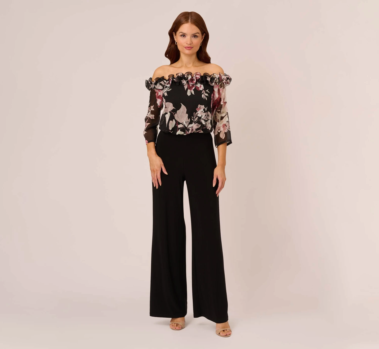 Adrianna Papell Off The Shoulder Jumpsuit With Floral Embroidered Bodice In Black Multi 2 Adrianna Papell Off The Shoulder Jumpsuit With Floral Embroidered Bodice In Black Multi - Image 2