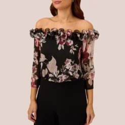 Adrianna Papell Off The Shoulder Jumpsuit With Floral Embroidered Bodice In Black Multi 8 Adrianna Papell Off The Shoulder Jumpsuit With Floral Embroidered Bodice In Black Multi -Glam Mirth Sales AP1D105037 AA963 Regular Detail