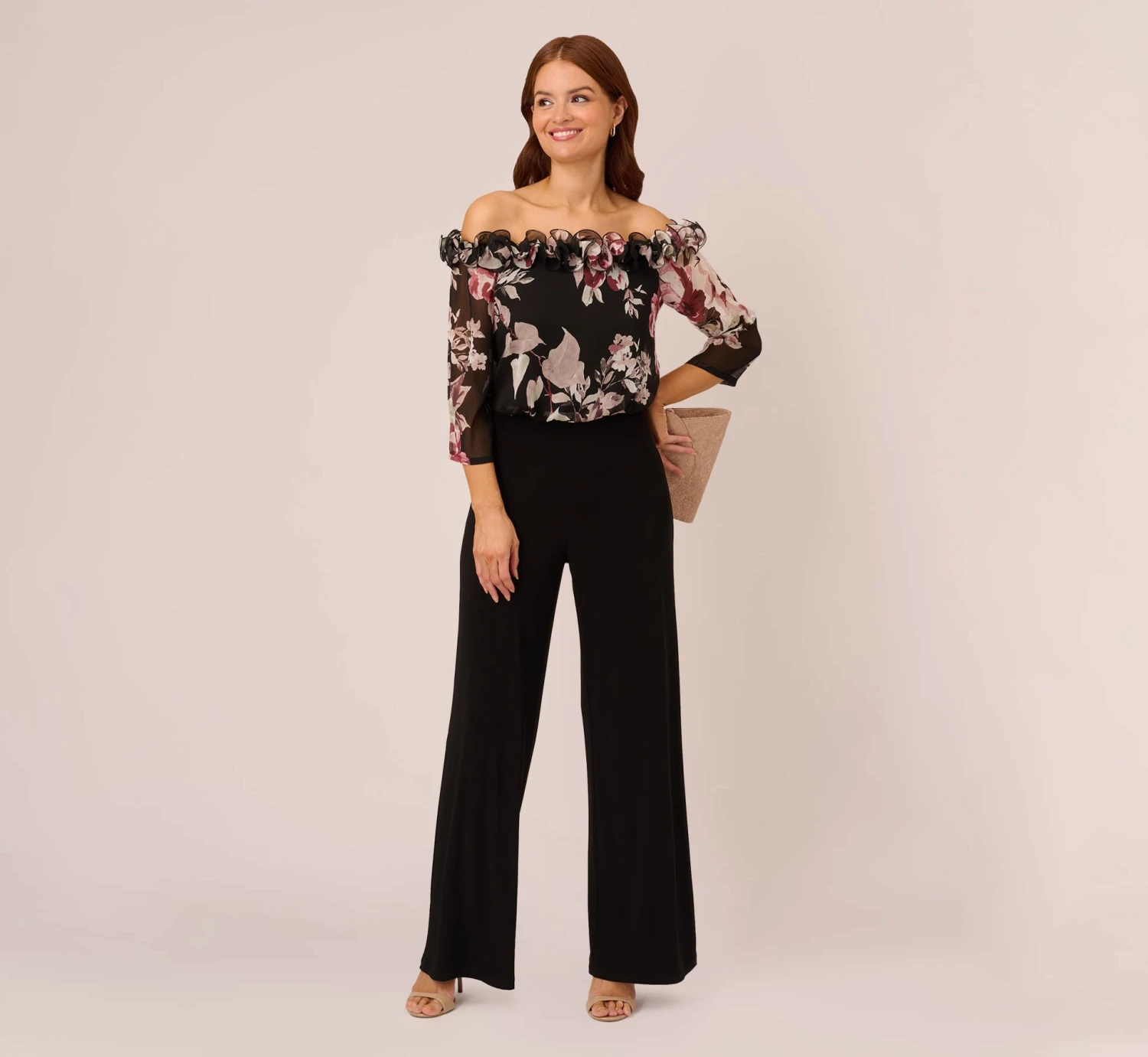 Adrianna Papell Off The Shoulder Jumpsuit With Floral Embroidered Bodice In Black Multi 1 Adrianna Papell Off The Shoulder Jumpsuit With Floral Embroidered Bodice In Black Multi