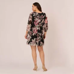 Adrianna Papell Plus Size Floral Chiffon Dress With Three Quarter Length Sleeves In Black Multi 10 Adrianna Papell Plus Size Floral Chiffon Dress With Three Quarter Length Sleeves In Black Multi -Glam Mirth Sales AP1D105038 AA963 Plus Back