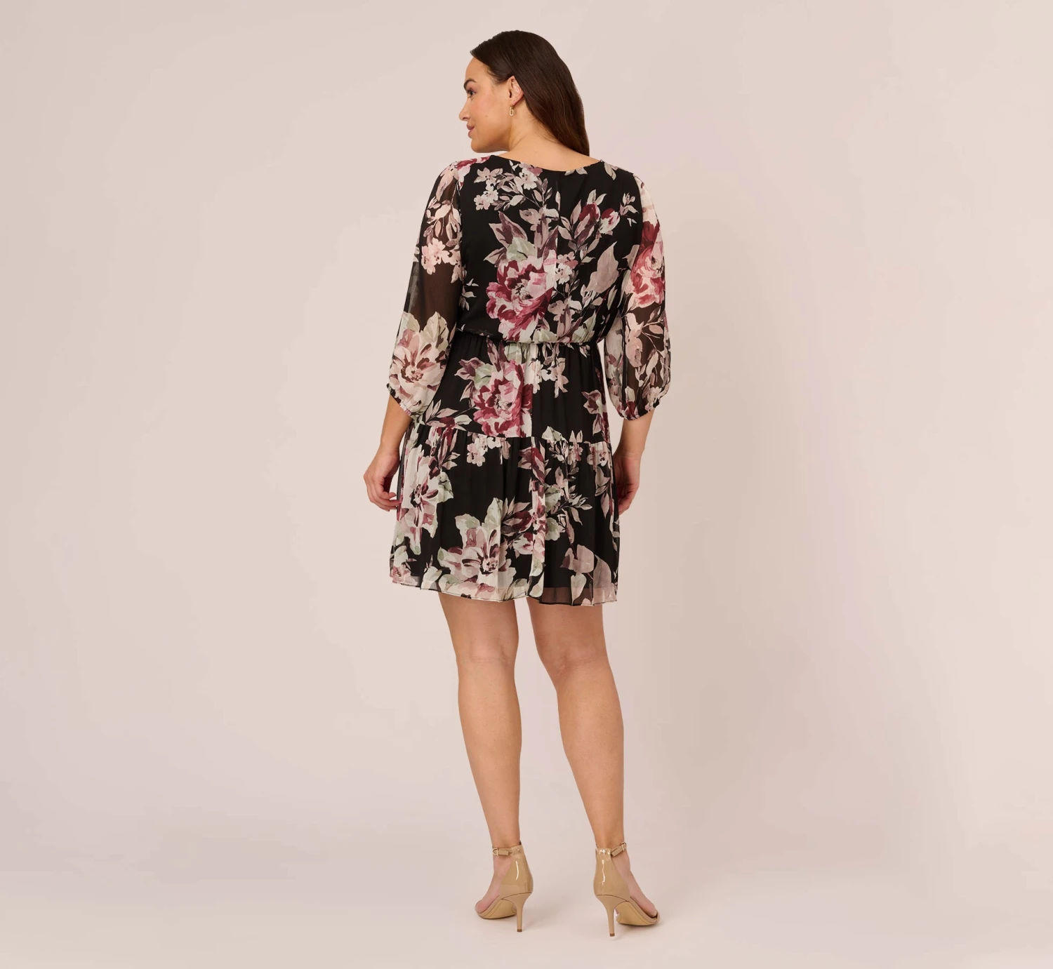 Adrianna Papell Plus Size Floral Chiffon Dress With Three Quarter Length Sleeves In Black Multi 4 Adrianna Papell Plus Size Floral Chiffon Dress With Three Quarter Length Sleeves In Black Multi - Image 4