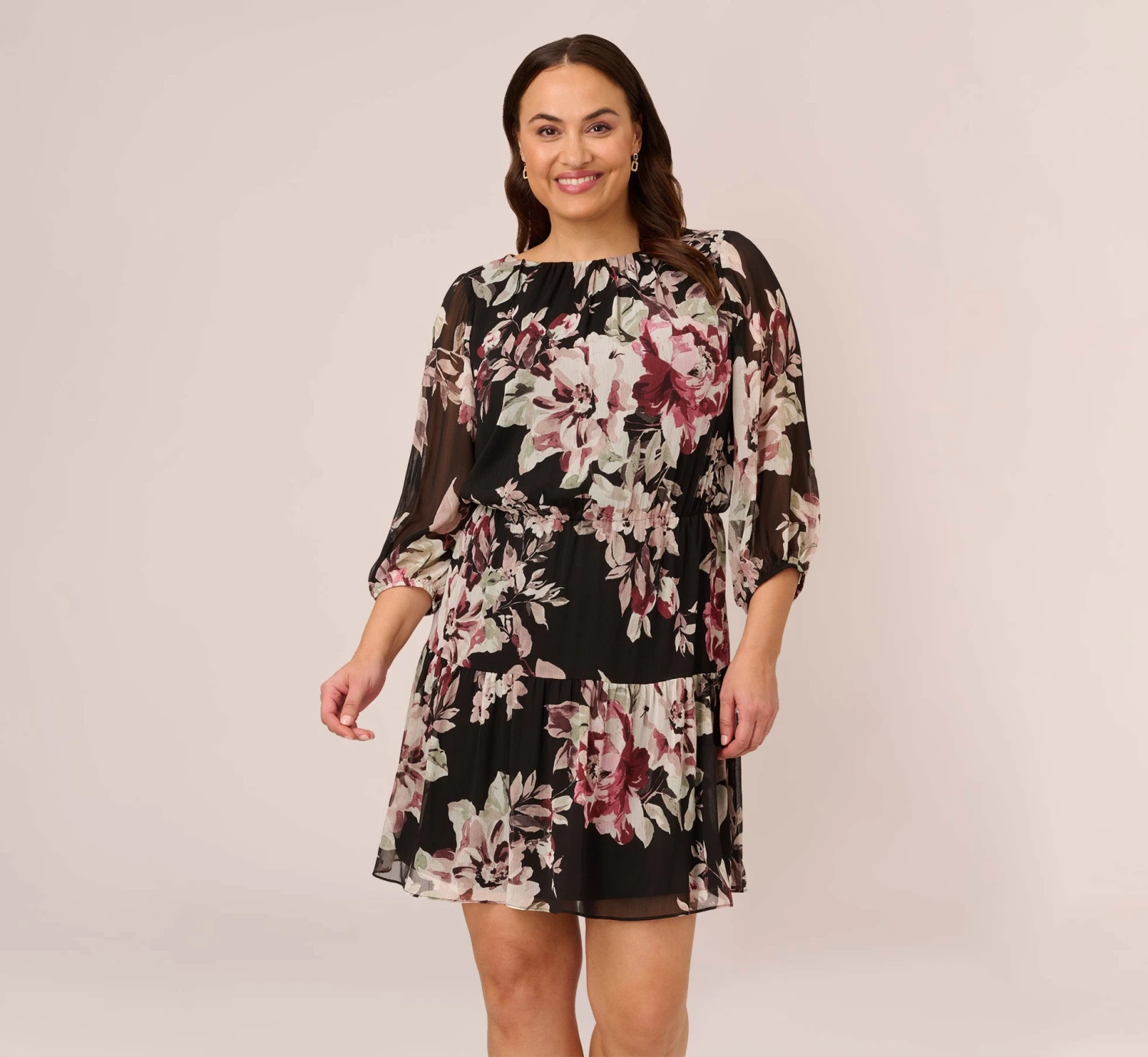 Adrianna Papell Plus Size Floral Chiffon Dress With Three Quarter Length Sleeves In Black Multi 1 Adrianna Papell Plus Size Floral Chiffon Dress With Three Quarter Length Sleeves In Black Multi