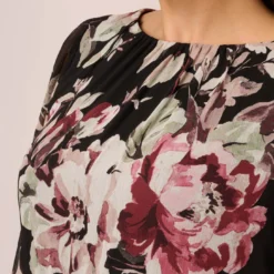 Adrianna Papell Plus Size Floral Chiffon Dress With Three Quarter Length Sleeves In Black Multi 11 Adrianna Papell Plus Size Floral Chiffon Dress With Three Quarter Length Sleeves In Black Multi -Glam Mirth Sales AP1D105038 AA963 Plus Detail
