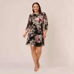 Adrianna Papell Plus Size Floral Chiffon Dress With Three Quarter Length Sleeves In Black Multi 13 Adrianna Papell Plus Size Floral Chiffon Dress With Three Quarter Length Sleeves In Black Multi -Glam Mirth Sales AP1D105038 AA963 Plus Front