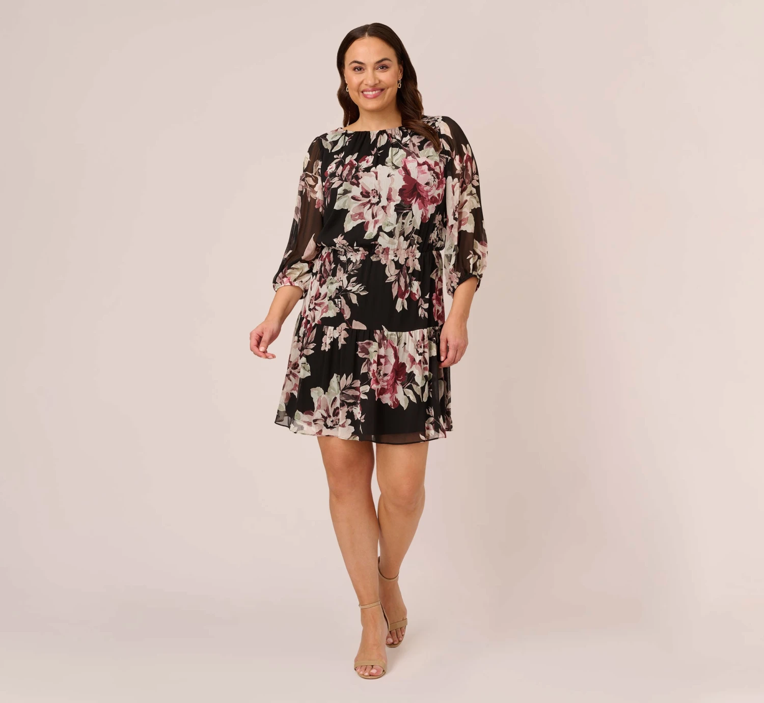 Adrianna Papell Plus Size Floral Chiffon Dress With Three Quarter Length Sleeves In Black Multi 7 Adrianna Papell Plus Size Floral Chiffon Dress With Three Quarter Length Sleeves In Black Multi - Image 7