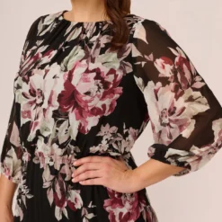 Adrianna Papell Plus Size Floral Chiffon Dress With Three Quarter Length Sleeves In Black Multi 9 Adrianna Papell Plus Size Floral Chiffon Dress With Three Quarter Length Sleeves In Black Multi -Glam Mirth Sales AP1D105038 AA963 Plus Lifestyle