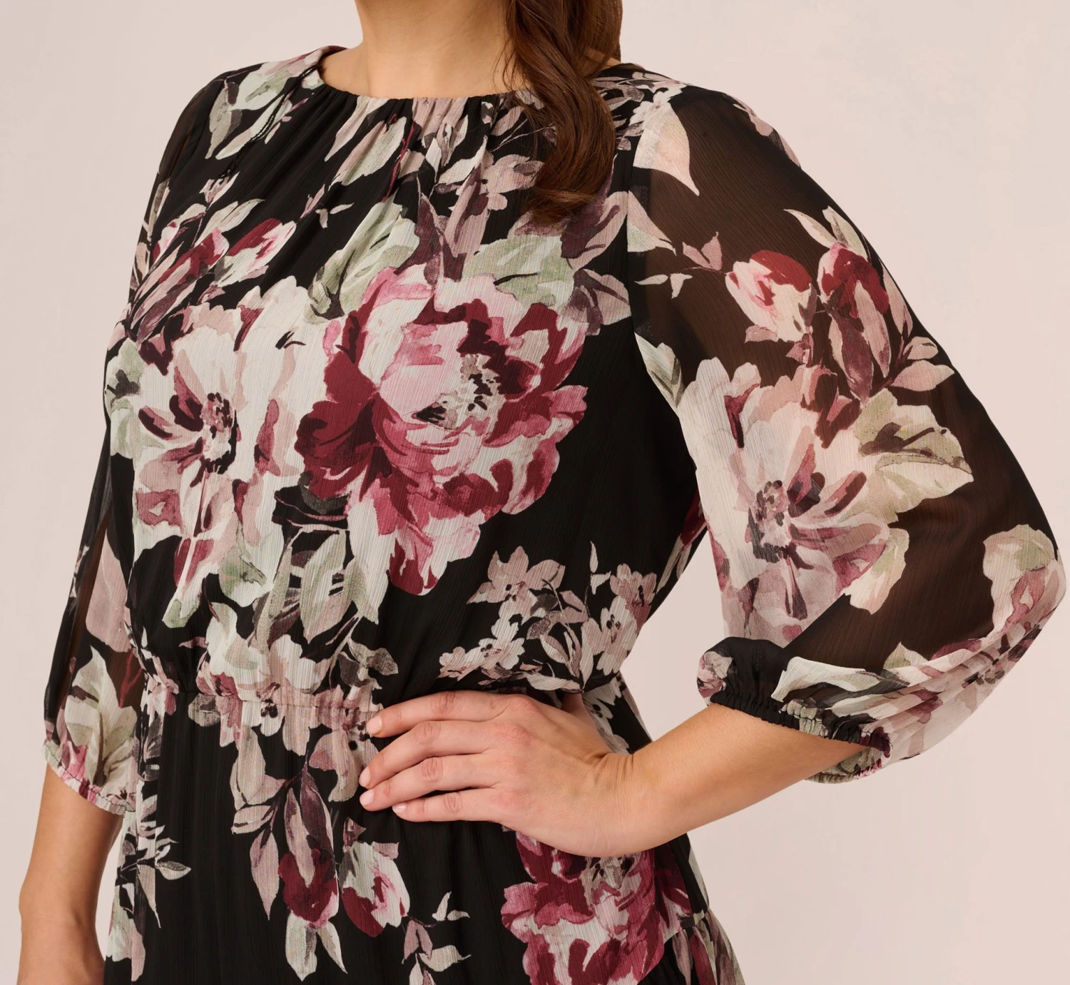 Adrianna Papell Plus Size Floral Chiffon Dress With Three Quarter Length Sleeves In Black Multi 3 Adrianna Papell Plus Size Floral Chiffon Dress With Three Quarter Length Sleeves In Black Multi - Image 3