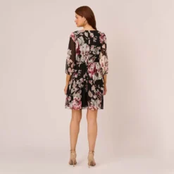 Adrianna Papell Floral Chiffon Dress With Three Quarter Length Sleeves In Black Multi 12 Adrianna Papell Floral Chiffon Dress With Three Quarter Length Sleeves In Black Multi -Glam Mirth Sales AP1D105038 AA963 Regular Back
