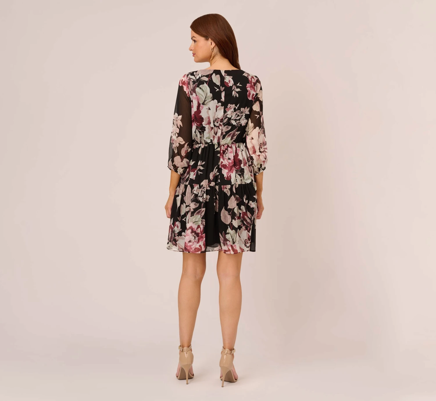 Adrianna Papell Floral Chiffon Dress With Three Quarter Length Sleeves In Black Multi 5 Adrianna Papell Floral Chiffon Dress With Three Quarter Length Sleeves In Black Multi - Image 5