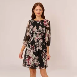 Adrianna Papell Floral Chiffon Dress With Three Quarter Length Sleeves In Black Multi