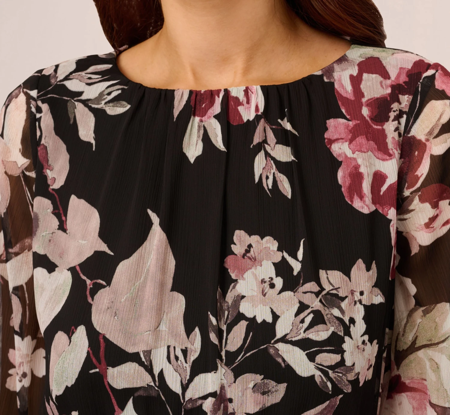 Adrianna Papell Floral Chiffon Dress With Three Quarter Length Sleeves In Black Multi 4 Adrianna Papell Floral Chiffon Dress With Three Quarter Length Sleeves In Black Multi - Image 4