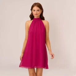 Adrianna Papell Sleeveless Pleated Chiffon Shift Dress With Mock Neckline In Magenta