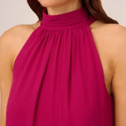 Adrianna Papell Sleeveless Pleated Chiffon Shift Dress With Mock Neckline In Magenta -Glam Mirth Sales AP1D105040 AA670 Regular Lifestyle