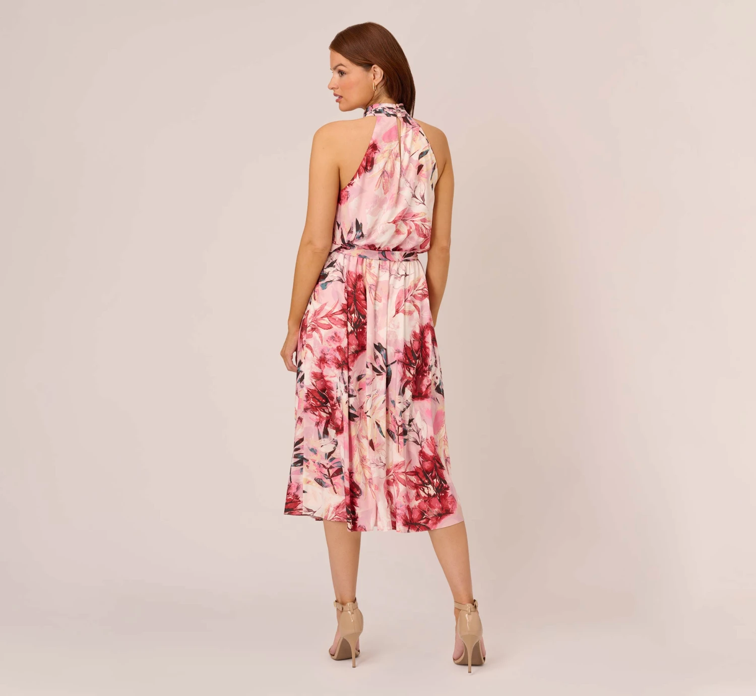 Adrianna Papell Floral Chiffon Midi Dress With Cutout Halter Neckline In Pink Multi 4 Adrianna Papell Floral Chiffon Midi Dress With Cutout Halter Neckline In Pink Multi - Image 4