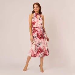Adrianna Papell Floral Chiffon Midi Dress With Cutout Halter Neckline In Pink Multi