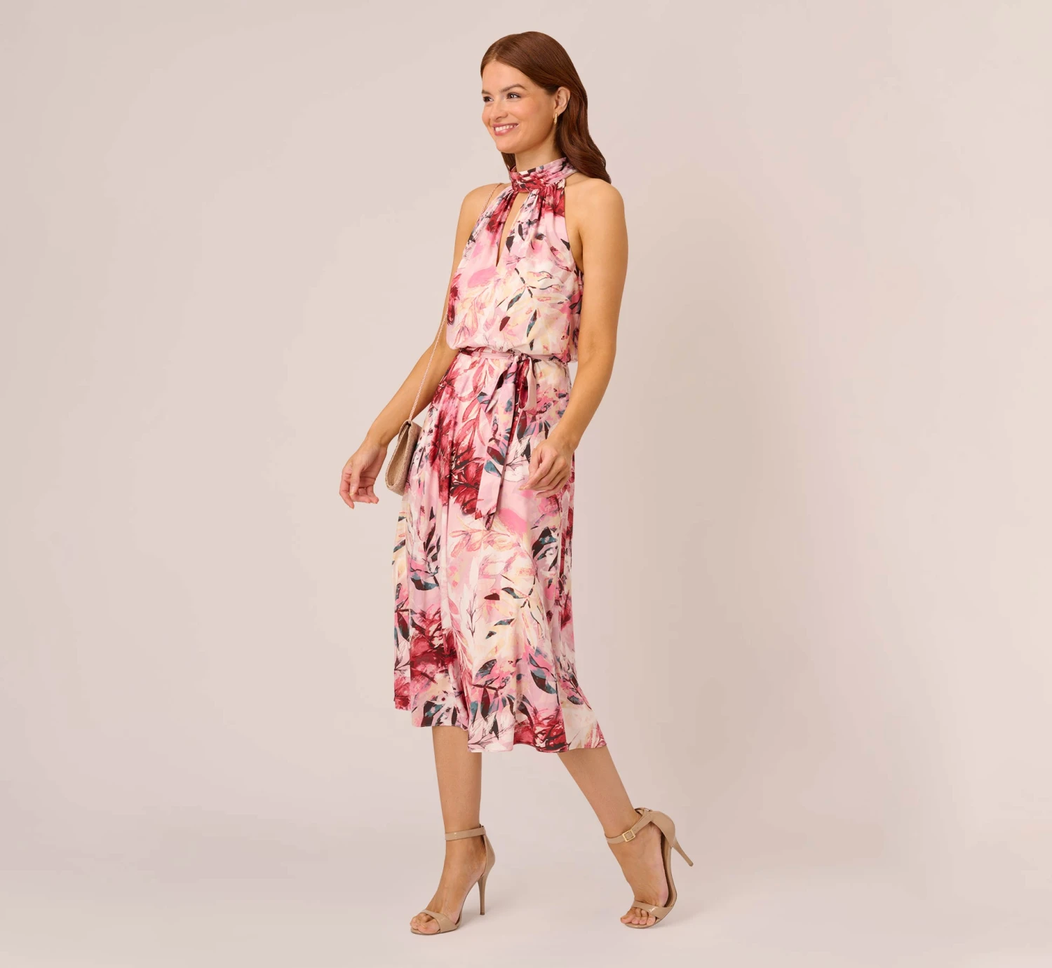 Adrianna Papell Floral Chiffon Midi Dress With Cutout Halter Neckline In Pink Multi 2 Adrianna Papell Floral Chiffon Midi Dress With Cutout Halter Neckline In Pink Multi - Image 2