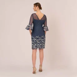 Adrianna Papell Floral Lattice Embroidered Sheath Dress With Sheer Sleeves In Navy Ivory 9 Adrianna Papell Floral Lattice Embroidered Sheath Dress With Sheer Sleeves In Navy Ivory -Glam Mirth Sales AP1D105044 BH980 Regular Back