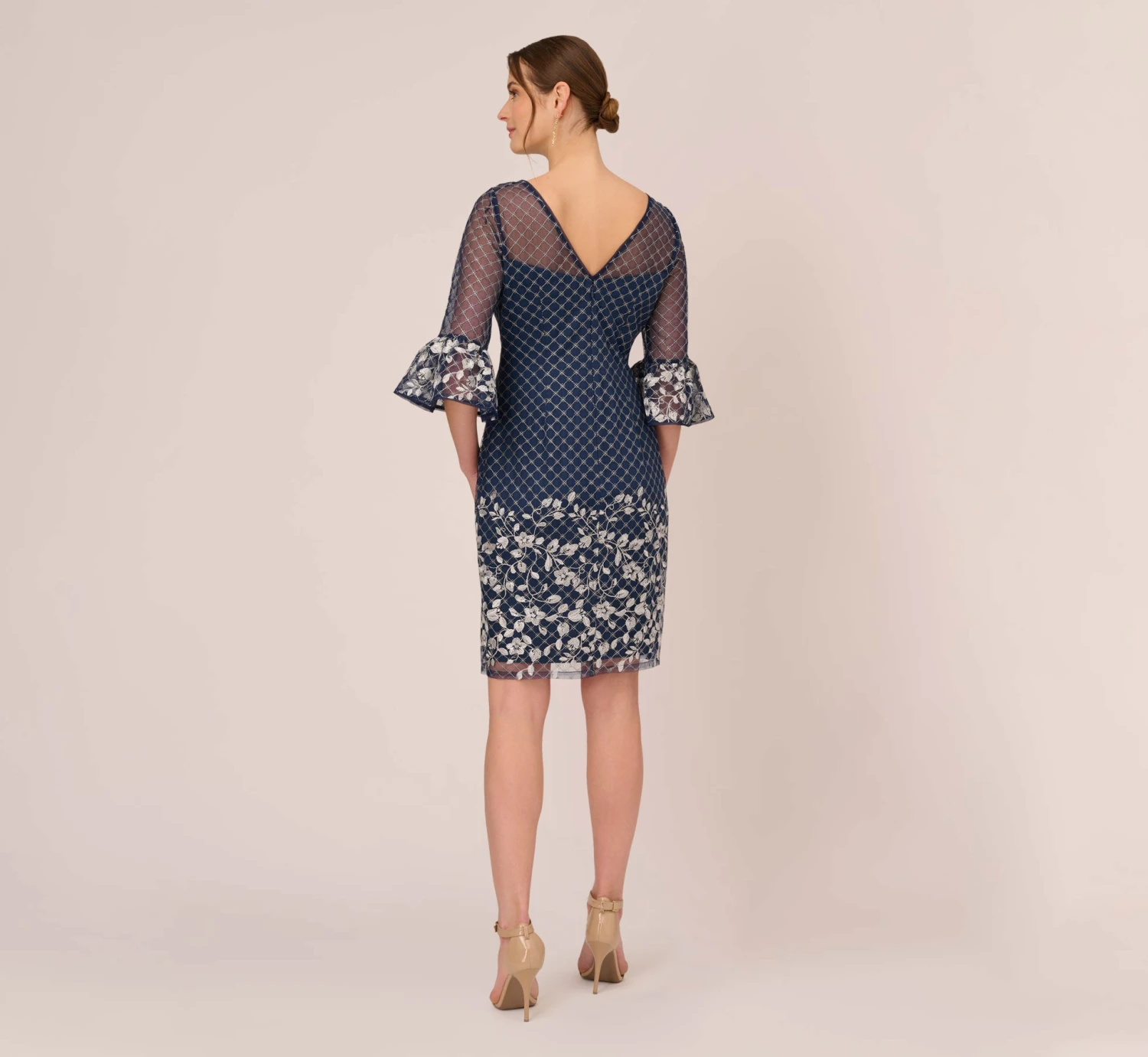 Adrianna Papell Floral Lattice Embroidered Sheath Dress With Sheer Sleeves In Navy Ivory 4 Adrianna Papell Floral Lattice Embroidered Sheath Dress With Sheer Sleeves In Navy Ivory - Image 4