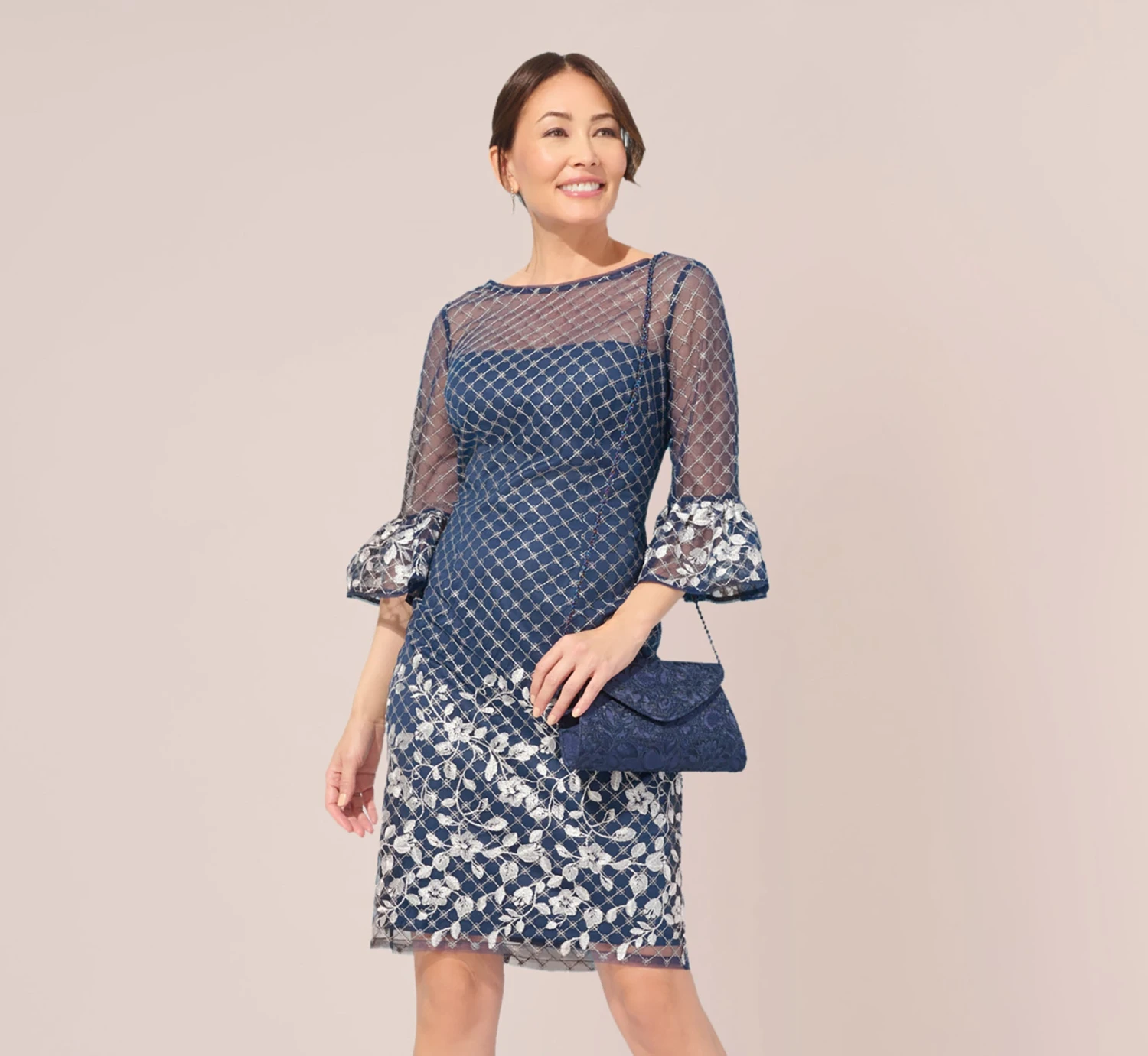 Adrianna Papell Floral Lattice Embroidered Sheath Dress With Sheer Sleeves In Navy Ivory 1 Adrianna Papell Floral Lattice Embroidered Sheath Dress With Sheer Sleeves In Navy Ivory