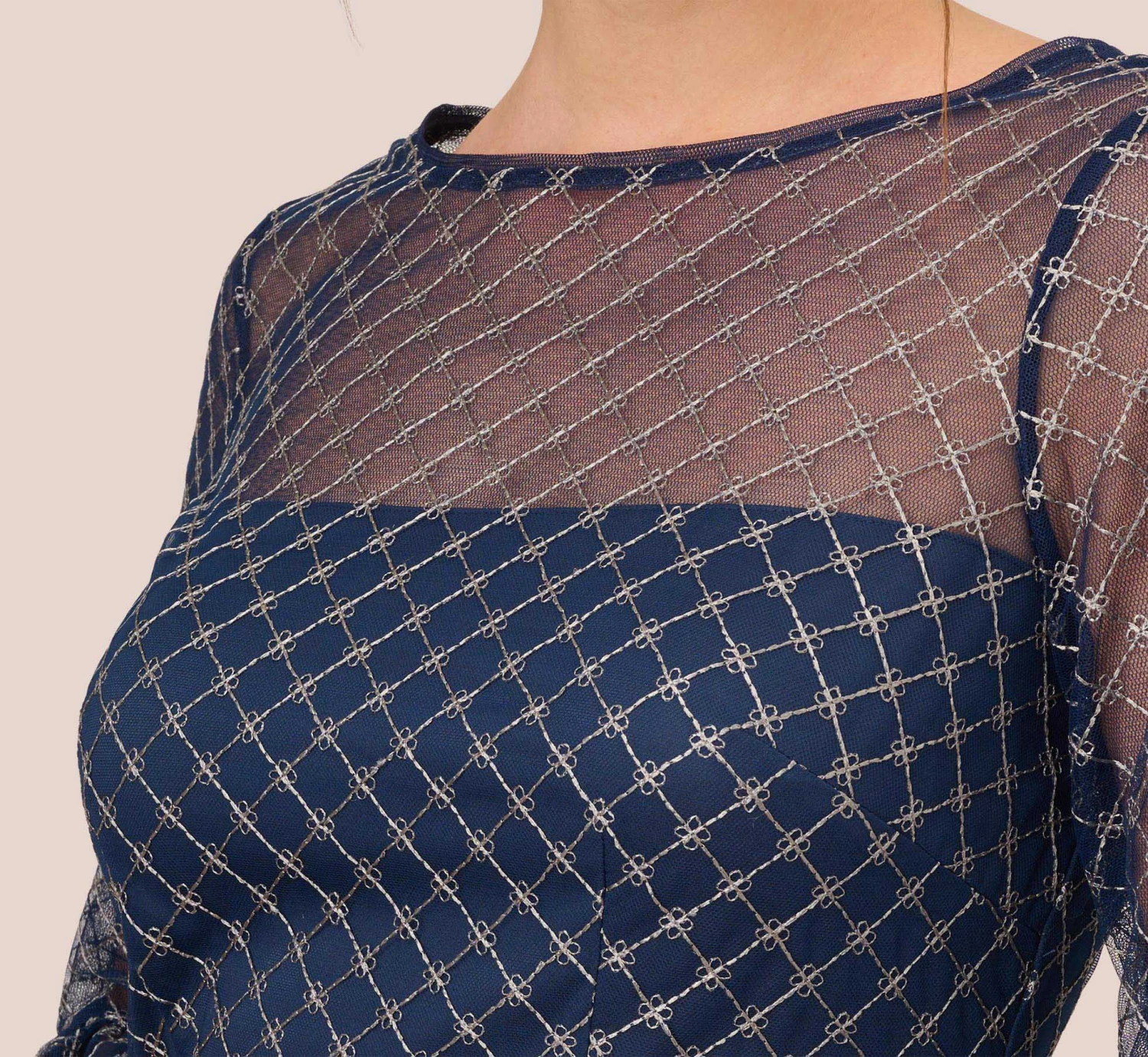 Adrianna Papell Floral Lattice Embroidered Sheath Dress With Sheer Sleeves In Navy Ivory 5 Adrianna Papell Floral Lattice Embroidered Sheath Dress With Sheer Sleeves In Navy Ivory - Image 5