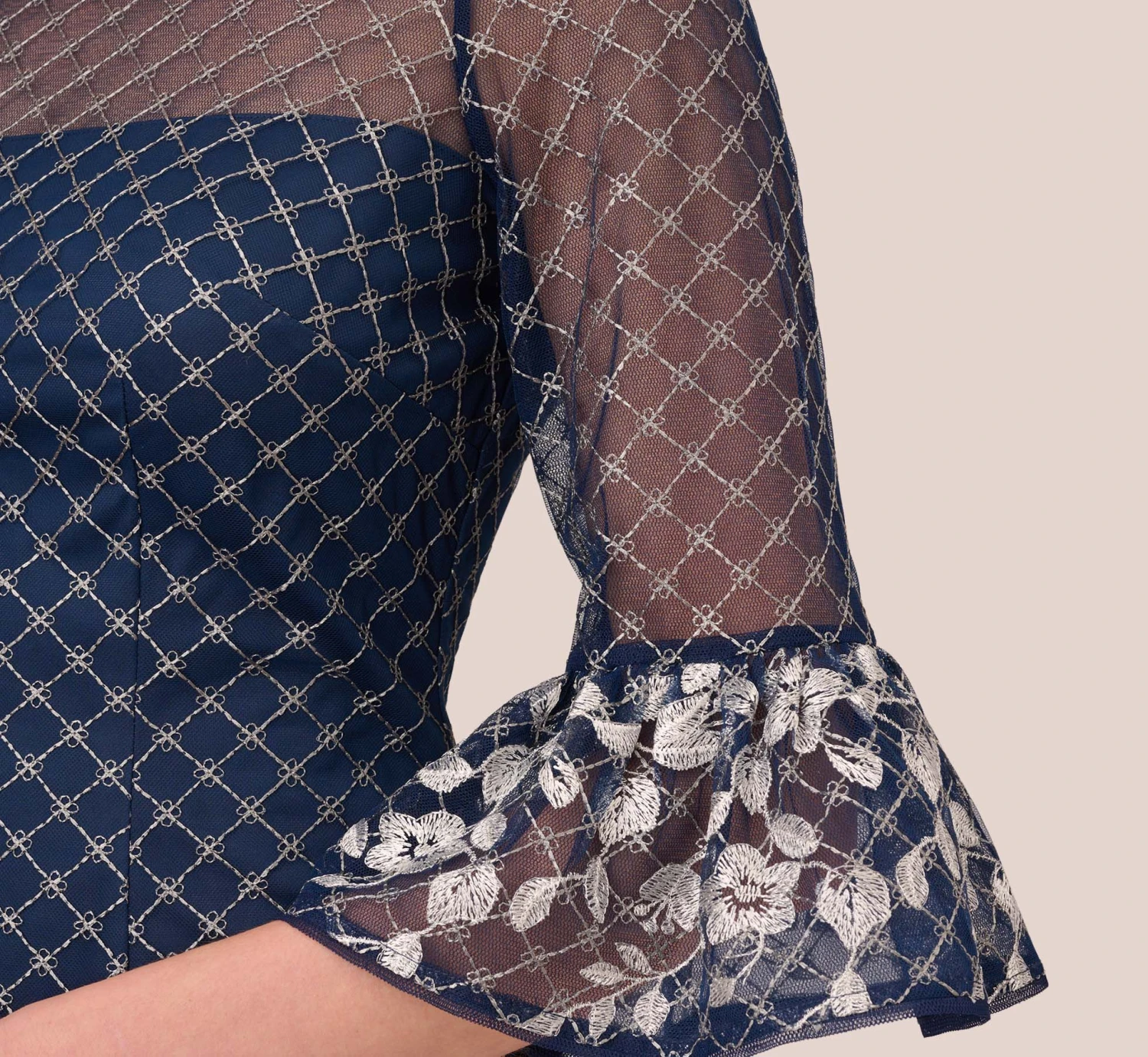 Adrianna Papell Floral Lattice Embroidered Sheath Dress With Sheer Sleeves In Navy Ivory 3 Adrianna Papell Floral Lattice Embroidered Sheath Dress With Sheer Sleeves In Navy Ivory - Image 3