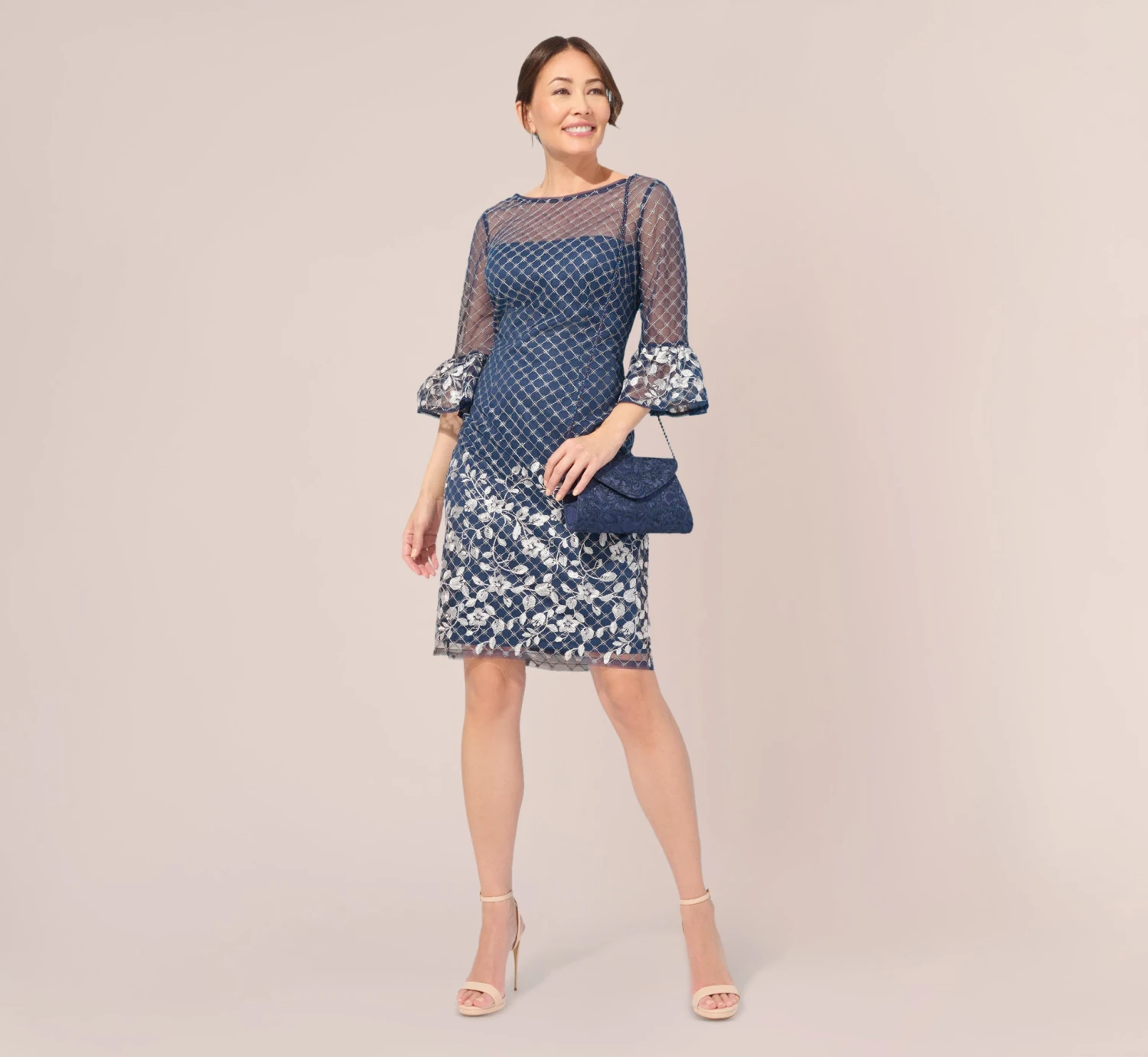 Adrianna Papell Floral Lattice Embroidered Sheath Dress With Sheer Sleeves In Navy Ivory 2 Adrianna Papell Floral Lattice Embroidered Sheath Dress With Sheer Sleeves In Navy Ivory - Image 2