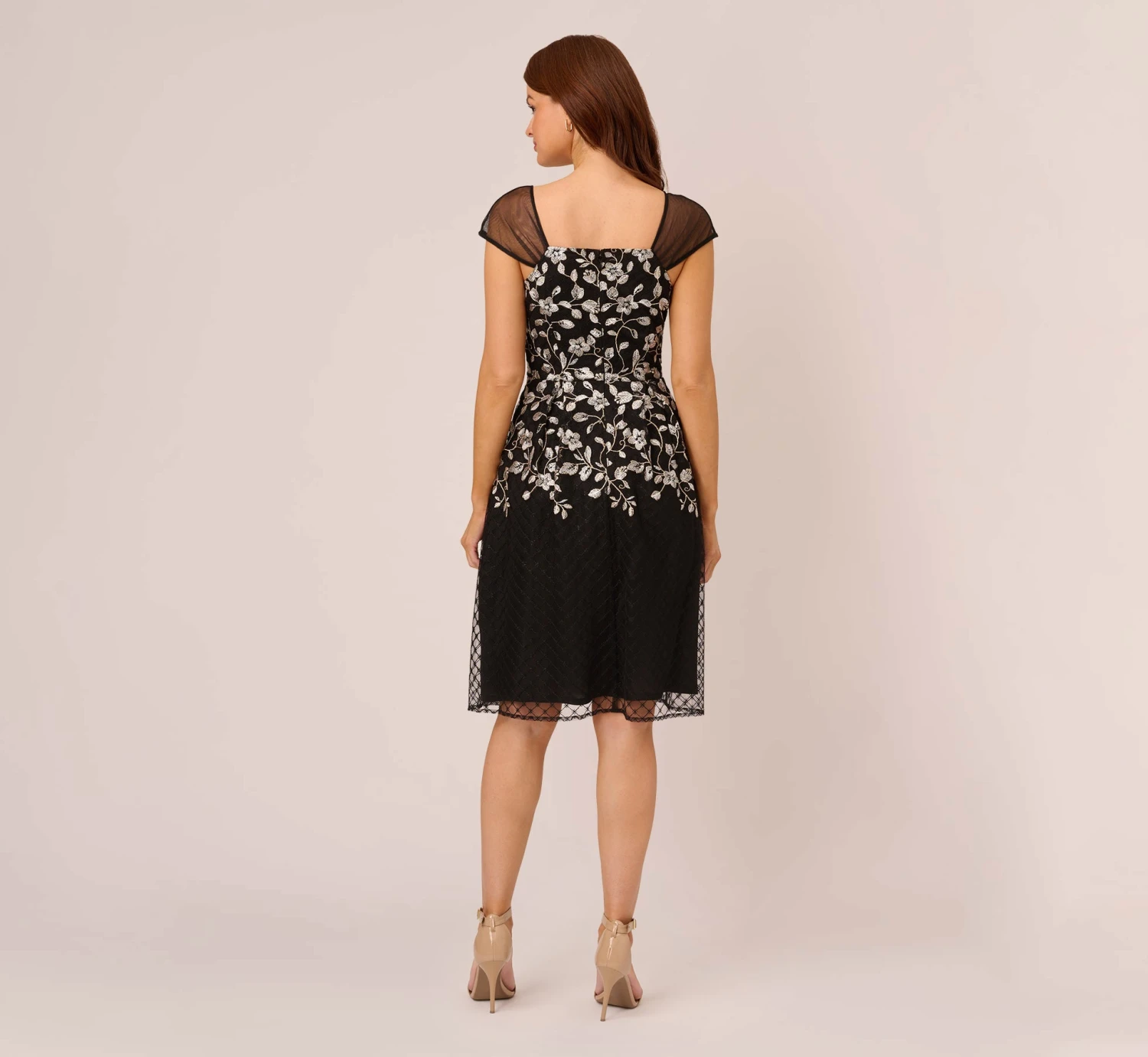 Adrianna Papell Floral Embroidered Midi Dress With Sheer Cap Sleeves In Black Ivory 4 Adrianna Papell Floral Embroidered Midi Dress With Sheer Cap Sleeves In Black Ivory - Image 4