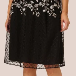 Adrianna Papell Floral Embroidered Midi Dress With Sheer Cap Sleeves In Black Ivory 11 Adrianna Papell Floral Embroidered Midi Dress With Sheer Cap Sleeves In Black Ivory -Glam Mirth Sales AP1D105045 AA019 Regular Detail