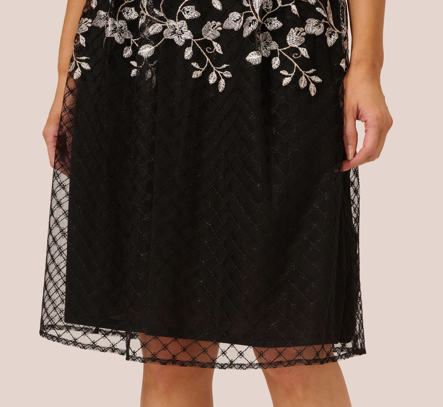 Adrianna Papell Floral Embroidered Midi Dress With Sheer Cap Sleeves In Black Ivory 5 Adrianna Papell Floral Embroidered Midi Dress With Sheer Cap Sleeves In Black Ivory - Image 5