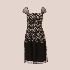 Adrianna Papell Floral Embroidered Midi Dress With Sheer Cap Sleeves In Black Ivory 13 Adrianna Papell Floral Embroidered Midi Dress With Sheer Cap Sleeves In Black Ivory -Glam Mirth Sales AP1D105045 AA019 Regular Flat