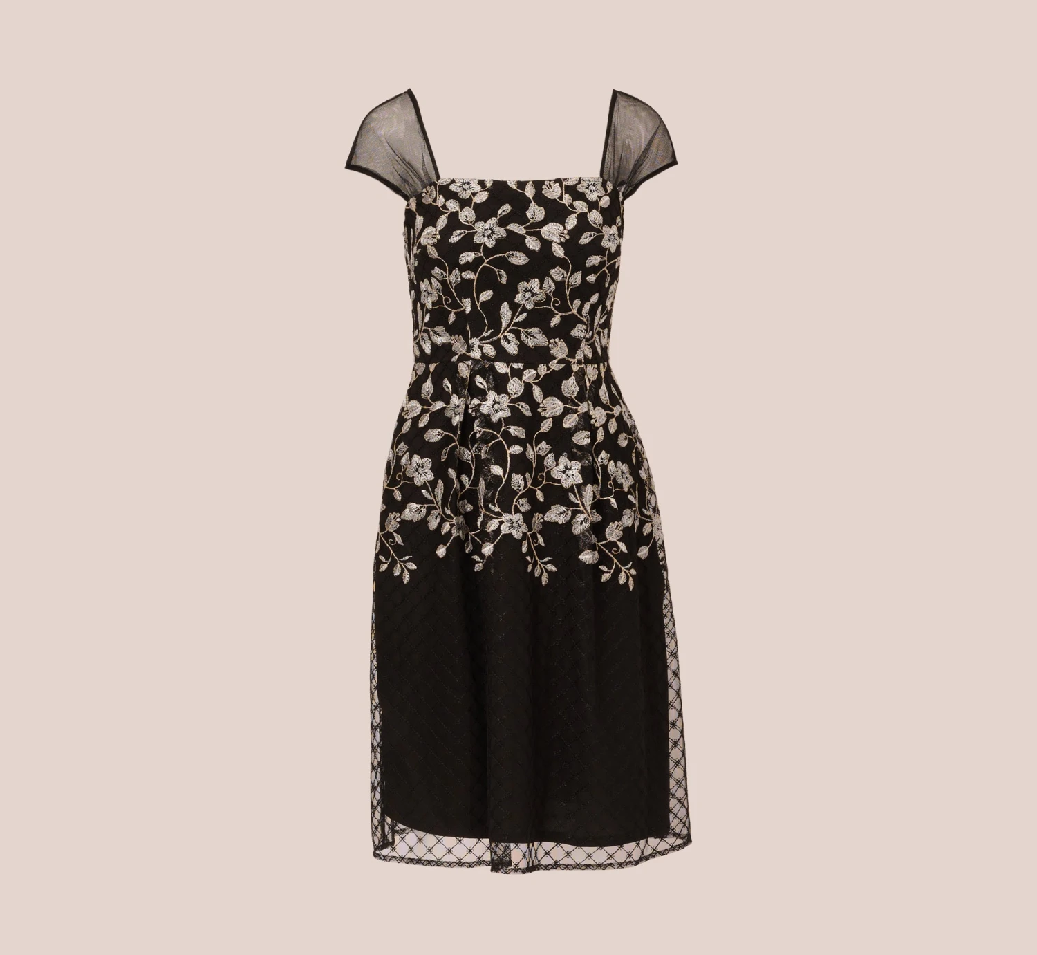 Adrianna Papell Floral Embroidered Midi Dress With Sheer Cap Sleeves In Black Ivory 7 Adrianna Papell Floral Embroidered Midi Dress With Sheer Cap Sleeves In Black Ivory - Image 7