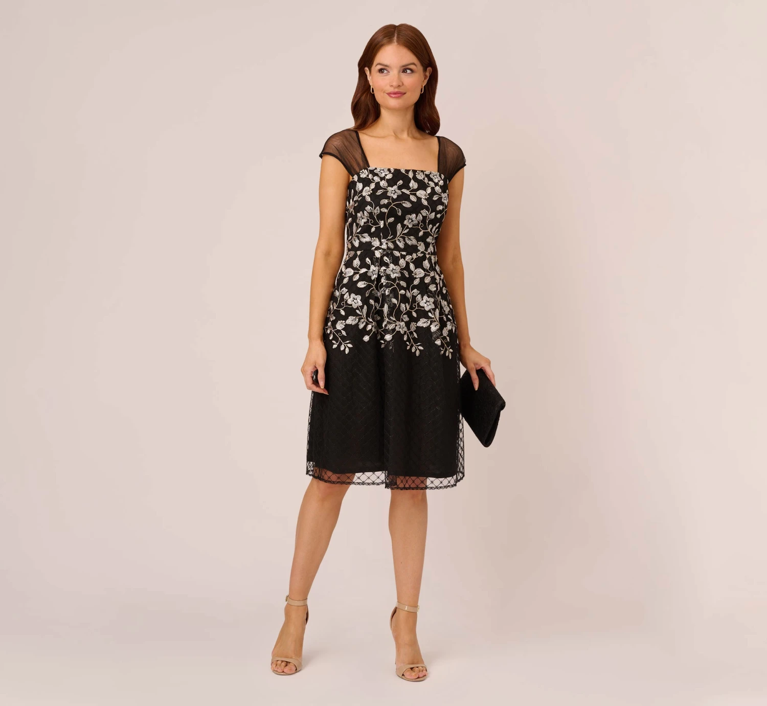 Adrianna Papell Floral Embroidered Midi Dress With Sheer Cap Sleeves In Black Ivory 2 Adrianna Papell Floral Embroidered Midi Dress With Sheer Cap Sleeves In Black Ivory - Image 2