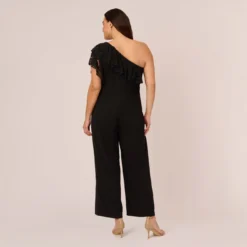 Adrianna Papell Plus Size One Shoulder Crepe Jumpsuit With Lace Ruffle Details In Black 9 Adrianna Papell Plus Size One Shoulder Crepe Jumpsuit With Lace Ruffle Details In Black -Glam Mirth Sales AP1D105049 AA002 Plus Back
