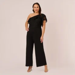 Adrianna Papell Plus Size One Shoulder Crepe Jumpsuit With Lace Ruffle Details In Black