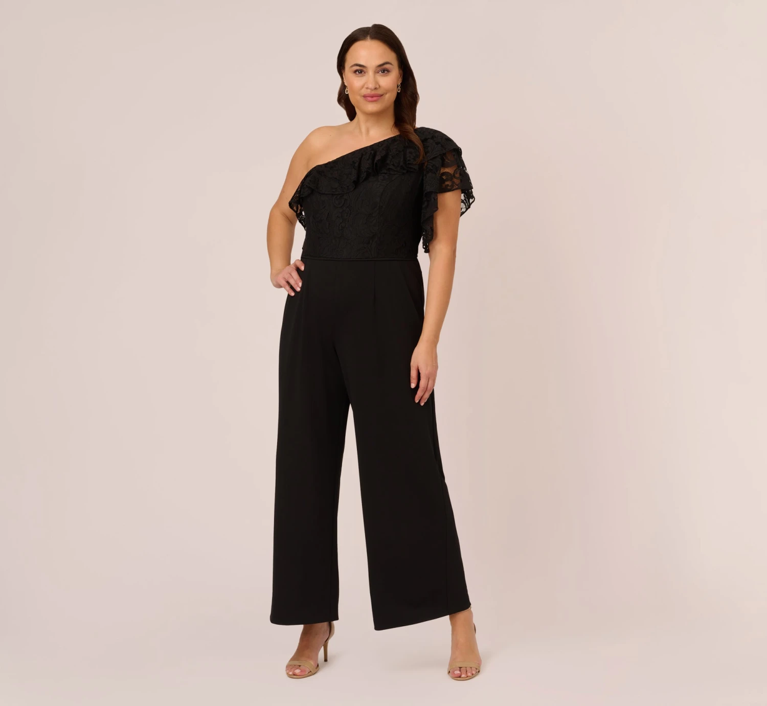 Adrianna Papell Plus Size One Shoulder Crepe Jumpsuit With Lace Ruffle Details In Black 1 Adrianna Papell Plus Size One Shoulder Crepe Jumpsuit With Lace Ruffle Details In Black
